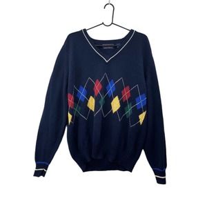 C F Hathaway Grandpa Sweater Size Large Argyle Blue Vintage Cotton